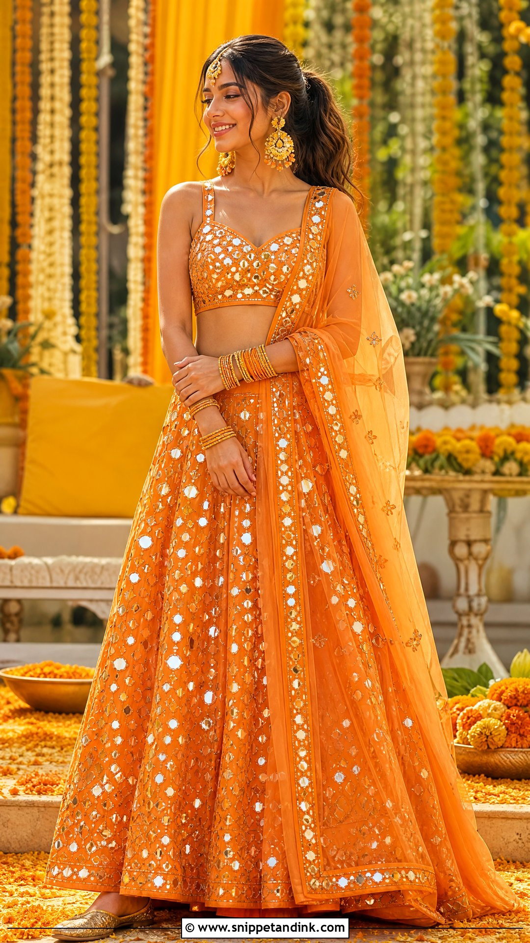 Orange Mirror Work Lehenga With Net Dupatta - Snippet and Ink - 20 Orange Haldi Outfit for Bride Ideas