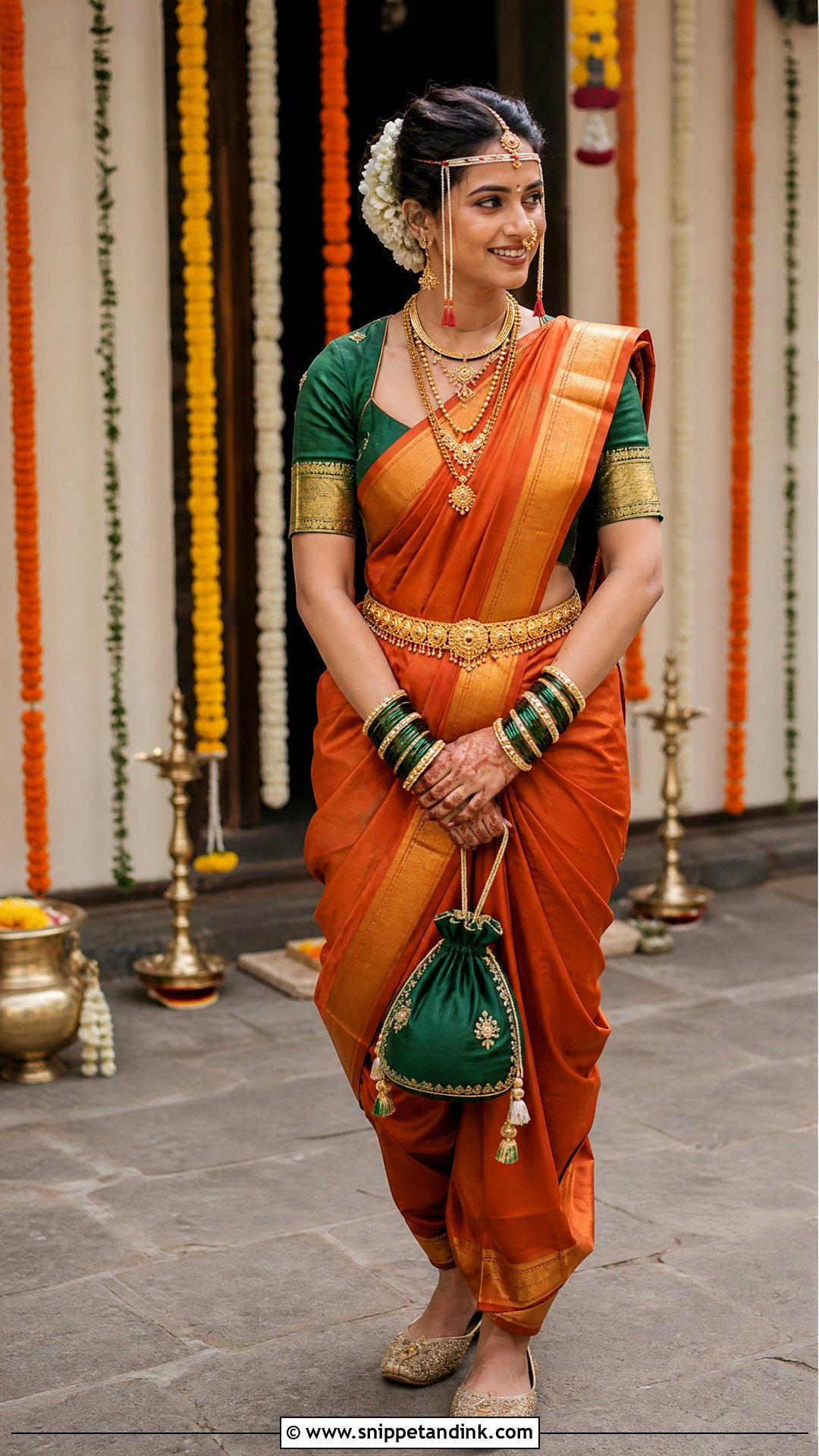 Orange Nauvari Marathi Bride Look - Snippet and Ink - 20 Simple Marathi Bride Look Ideas