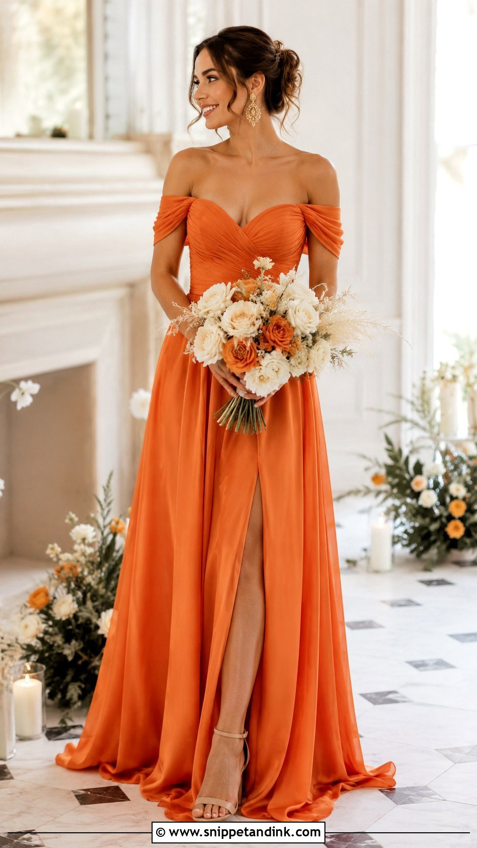 Orange Off Shoulder Wedding Dress - Snippet and Ink - 25 Orange Wedding Dress Ideas