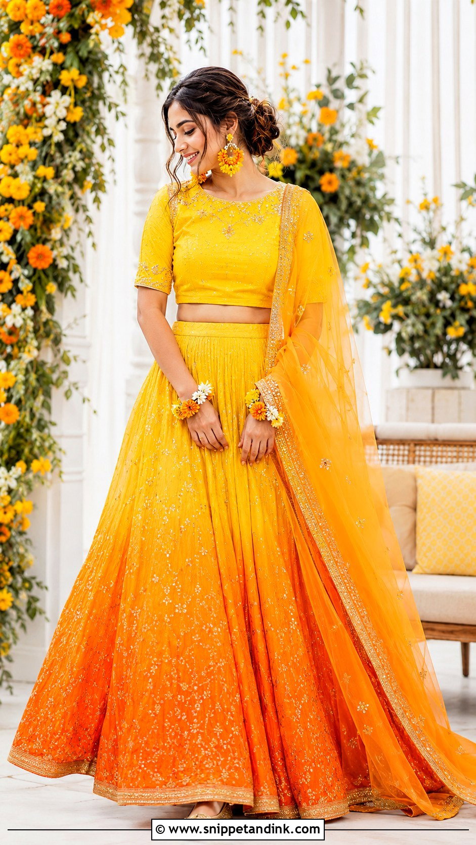 Orange Ombre Haldi Lehenga - Snippet and Ink - 20 Indian Bride Haldi Outfit Ideas