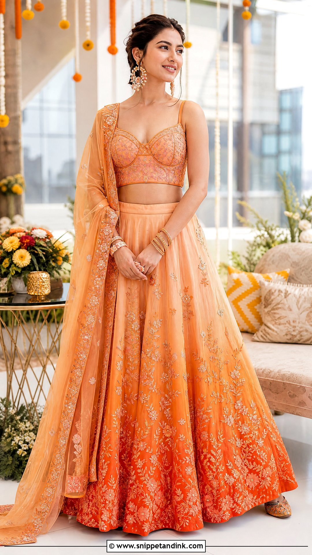 Orange Ombre Lehenga With Corset Blouse - Snippet and Ink - 20 Orange Haldi Outfit for Bride Ideas