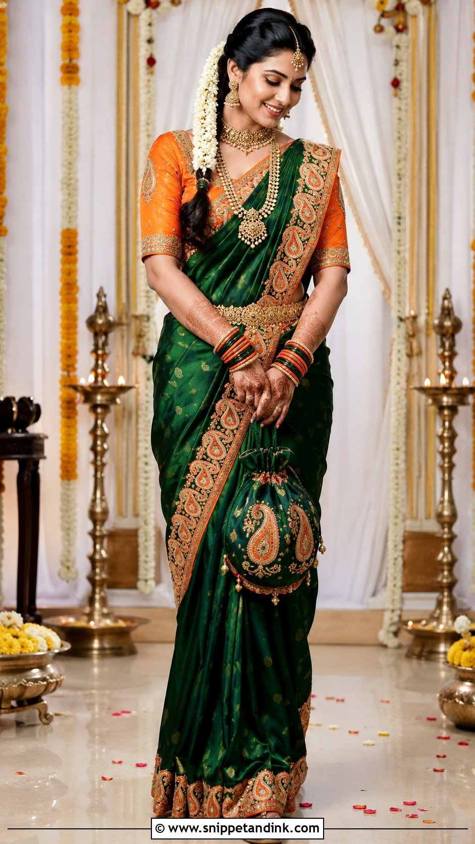 Orange Paisley Maggam Work Blouse With Green Saree - Snippet and Ink - 20 Maggam Work Blouse Designs Bridal Indian Weddings