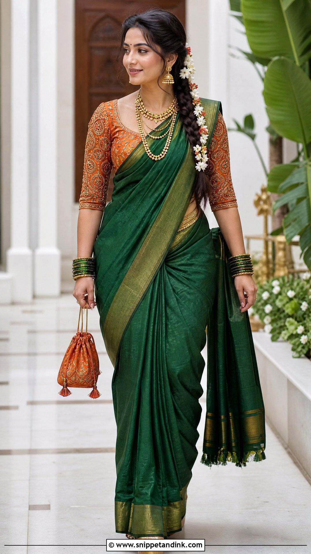 Orange Paisley Maggam Work Blouse With Green Saree - Snippet and Ink - 20 Wedding Maggam Work Blouse Designs
