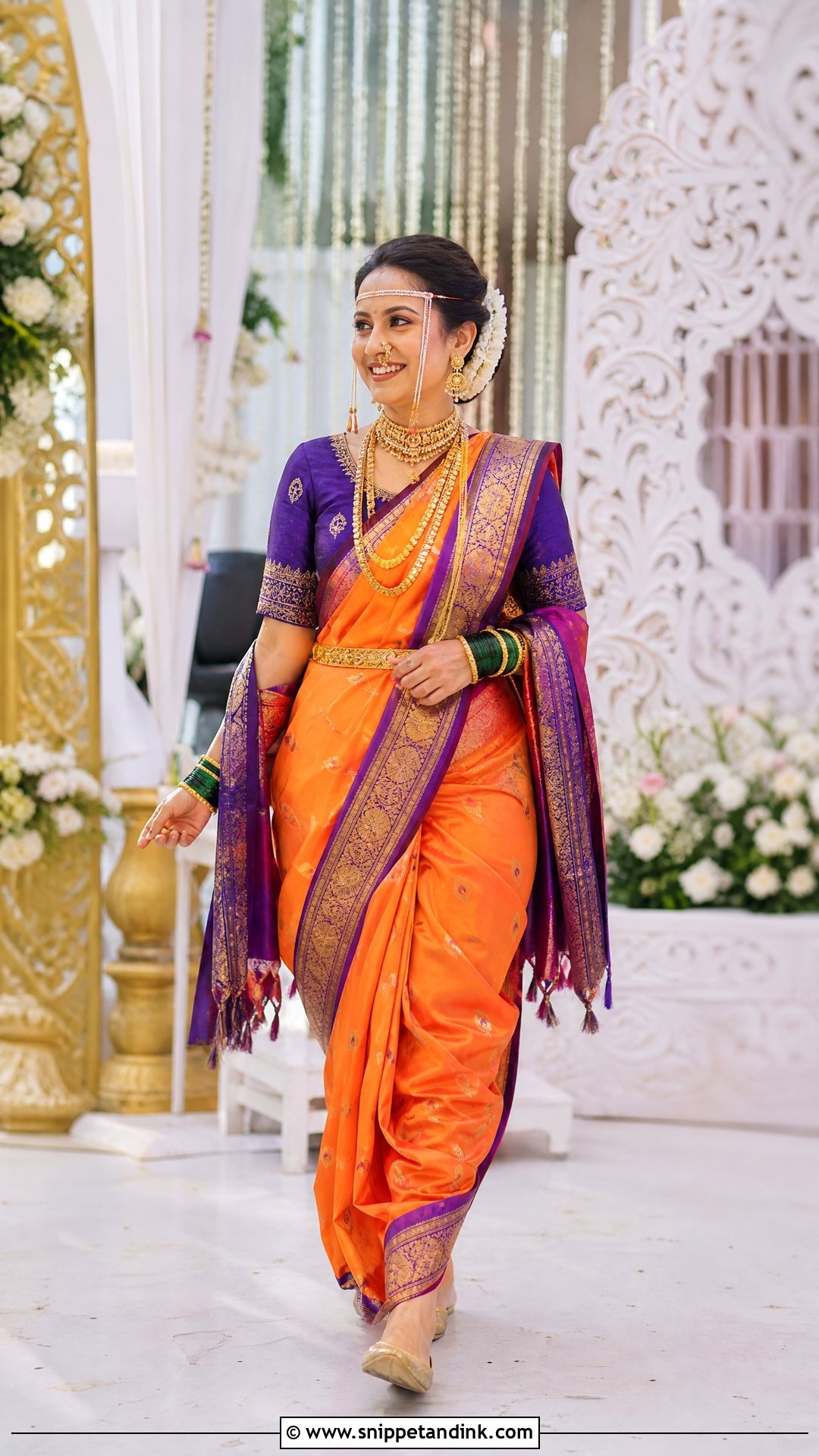 Orange Paithani Marathi Bride Look - Snippet and Ink - 20 Royal Marathi Bride Look Ideas