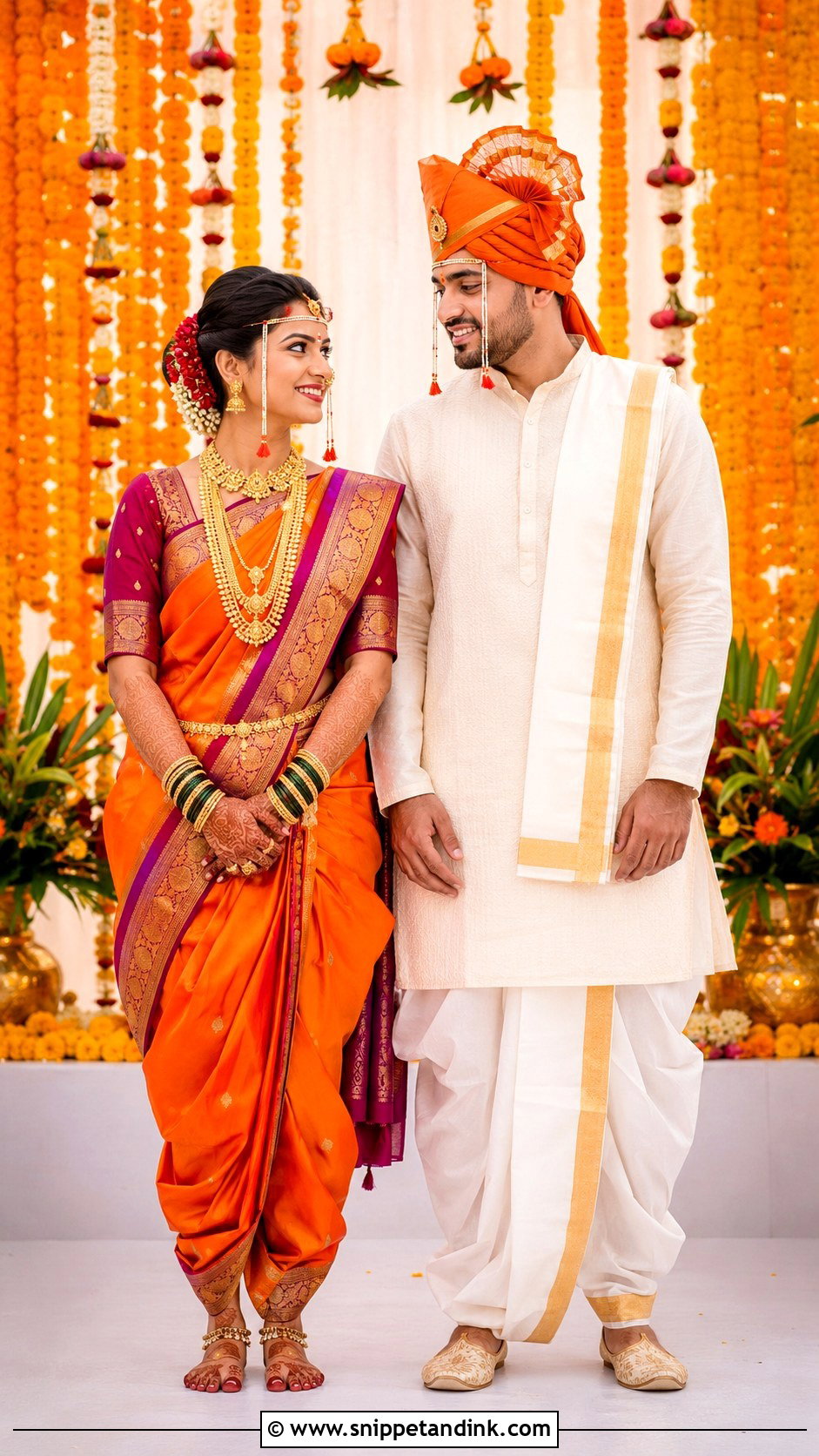 Orange Paithani Nauvari And White Dhoti Groom Look - Snippet and Ink - 25 Peshwai Look for Wedding Couple Ideas