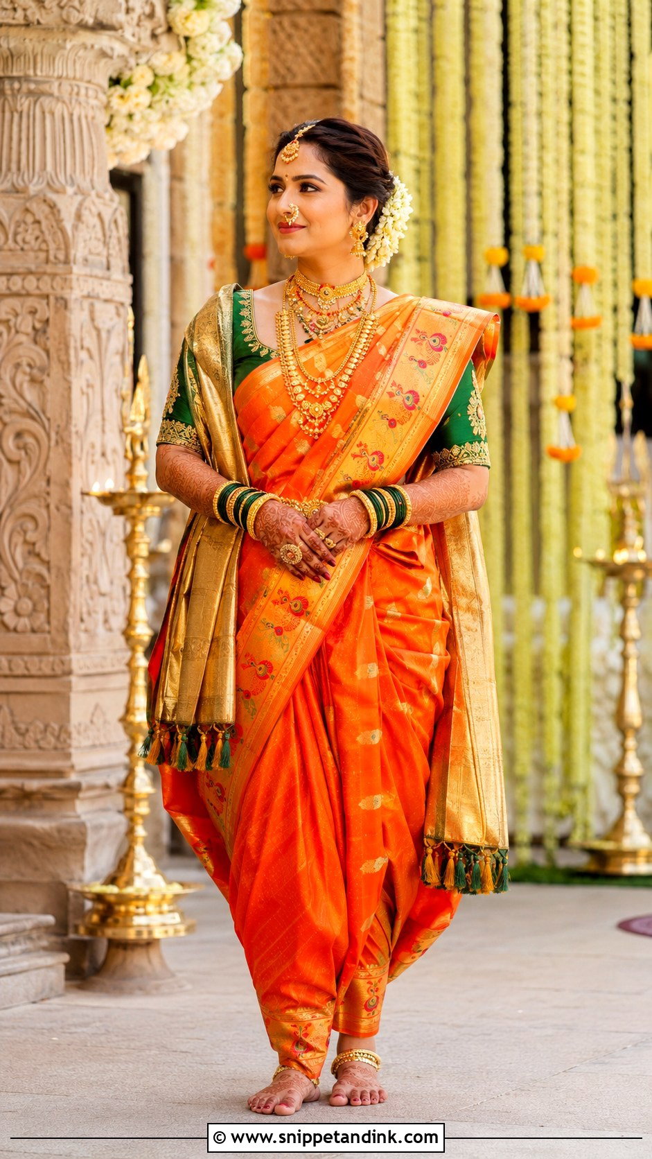 Orange Paithani Navvari Bridal Look - Snippet and Ink - 30 Navvari Bridal Look Ideas
