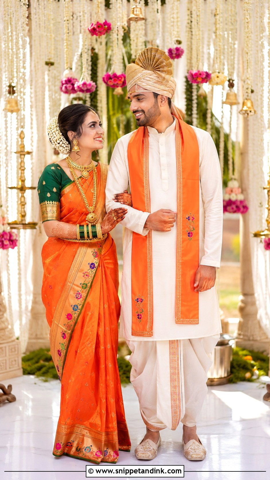 Orange Paithani Saree And Ivory Groom Outfit - Snippet and Ink - 25 Maharashtrian Wedding Couple Outfits