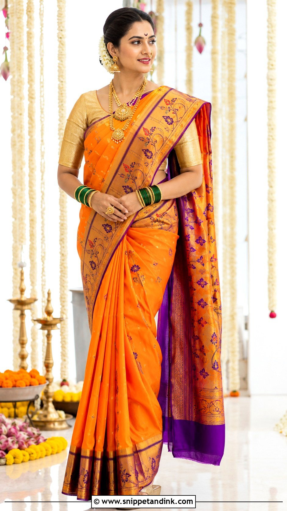Orange Paithani Saree Wedding Look - Snippet and Ink - 25 Maharashtrian Wedding Look Ideas