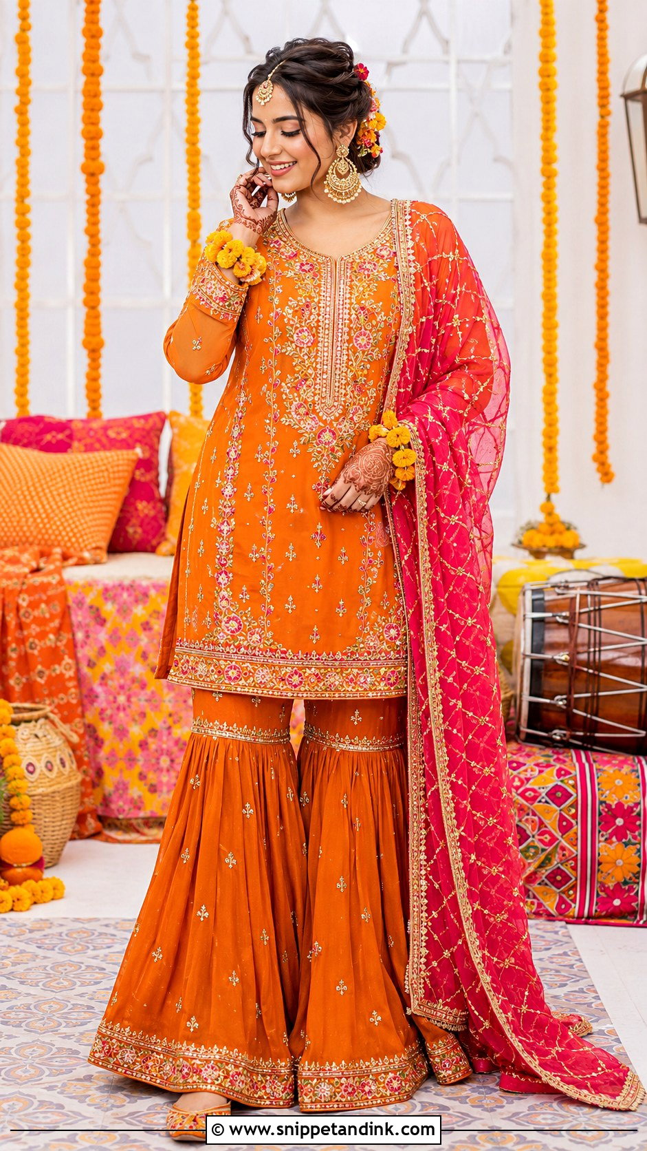 Orange Pakistani Bridal Sharara - Snippet and Ink - 30 Pakistani Bridal Look Ideas