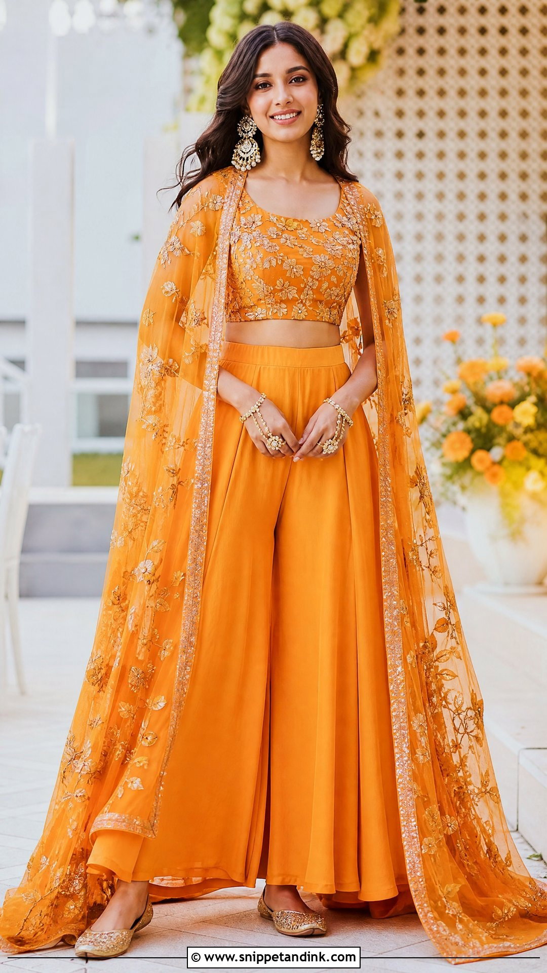 Orange Palazzo Set With Cape - Snippet and Ink - 20 Orange Haldi Outfit for Bride Ideas