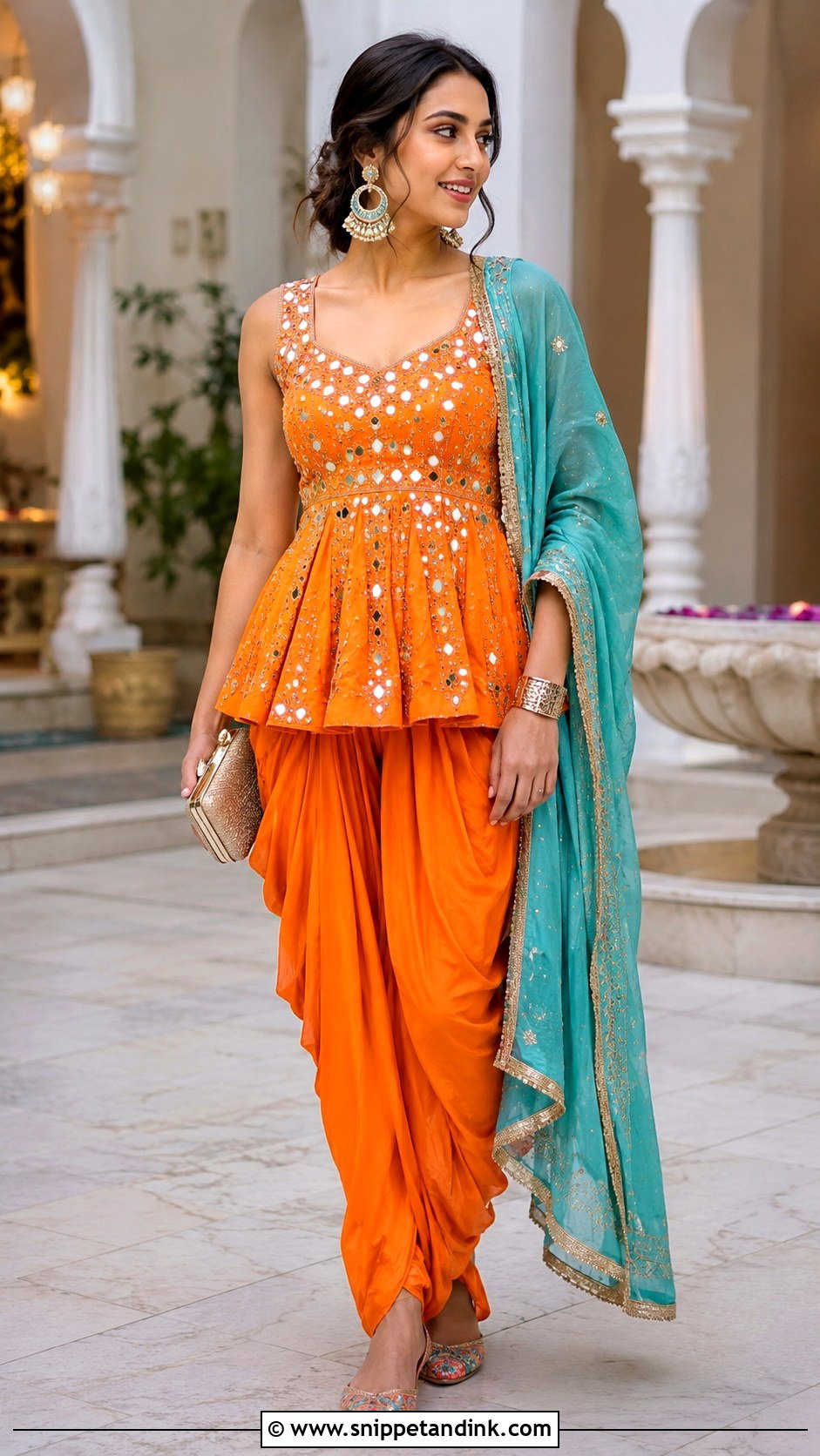 Orange Peplum And Dhoti Pants Mehndi Outfit - Snippet and Ink - 20 Mehndi Party Dress Ideas
