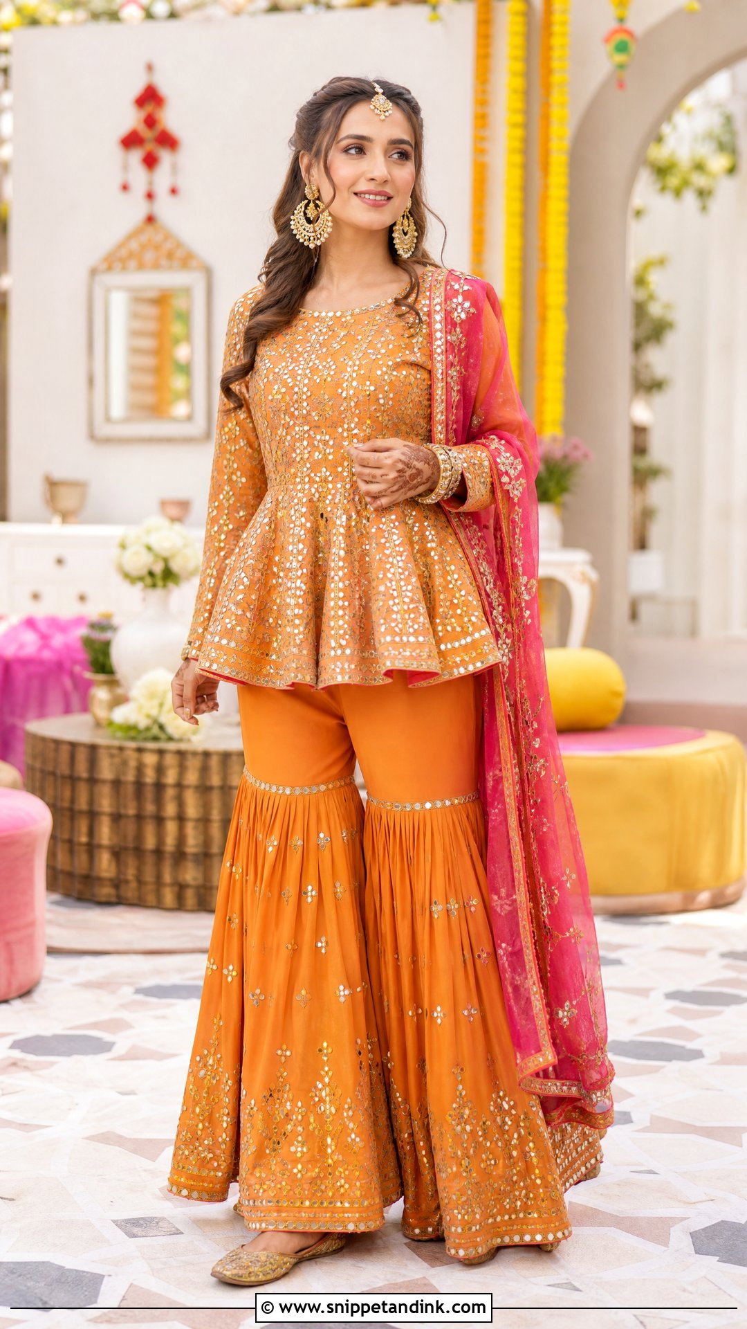 Orange Peplum Gharara Mehndi Outfit - Snippet and Ink - 20 Bride Mehndi Dress Ideas