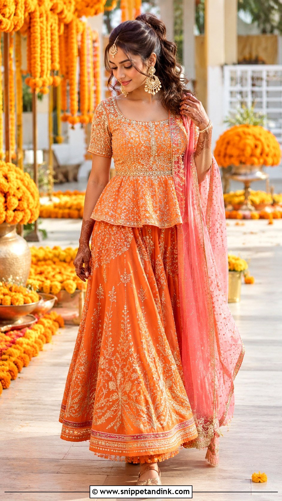 Orange Peplum Mehendi Lehenga - Snippet and Ink - 20 Bridal Mehendi Dress Ideas