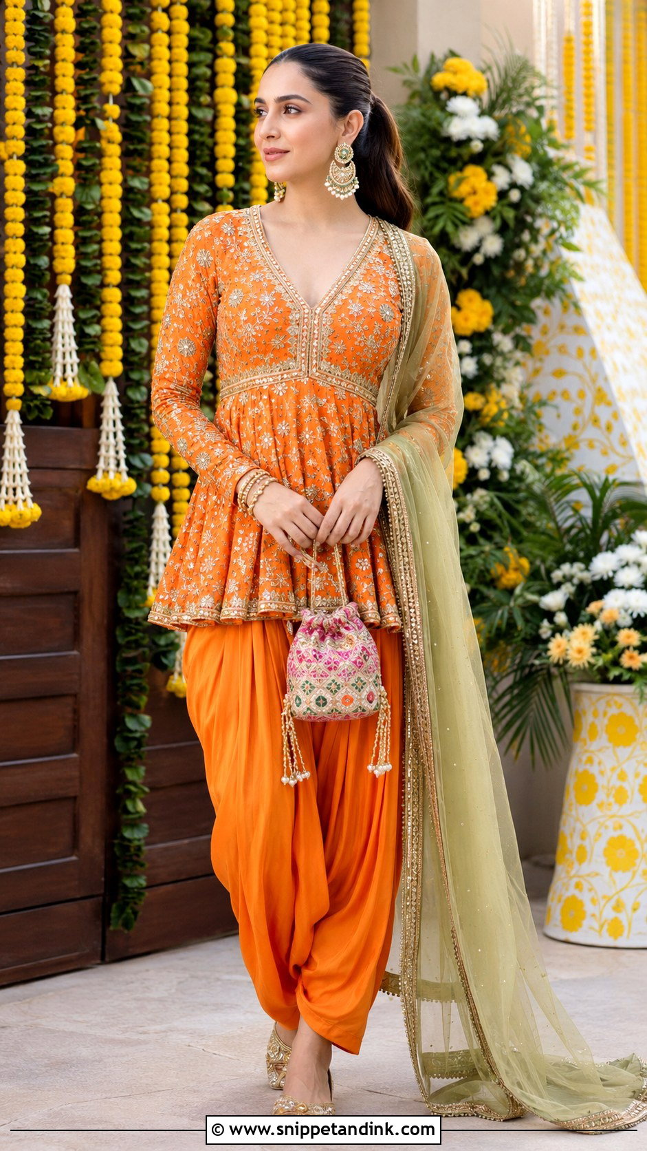 Orange Peplum Top With Dhoti Pants For Mehndi Night - Snippet and Ink - 20 Mehndi Night Outfit Ideas