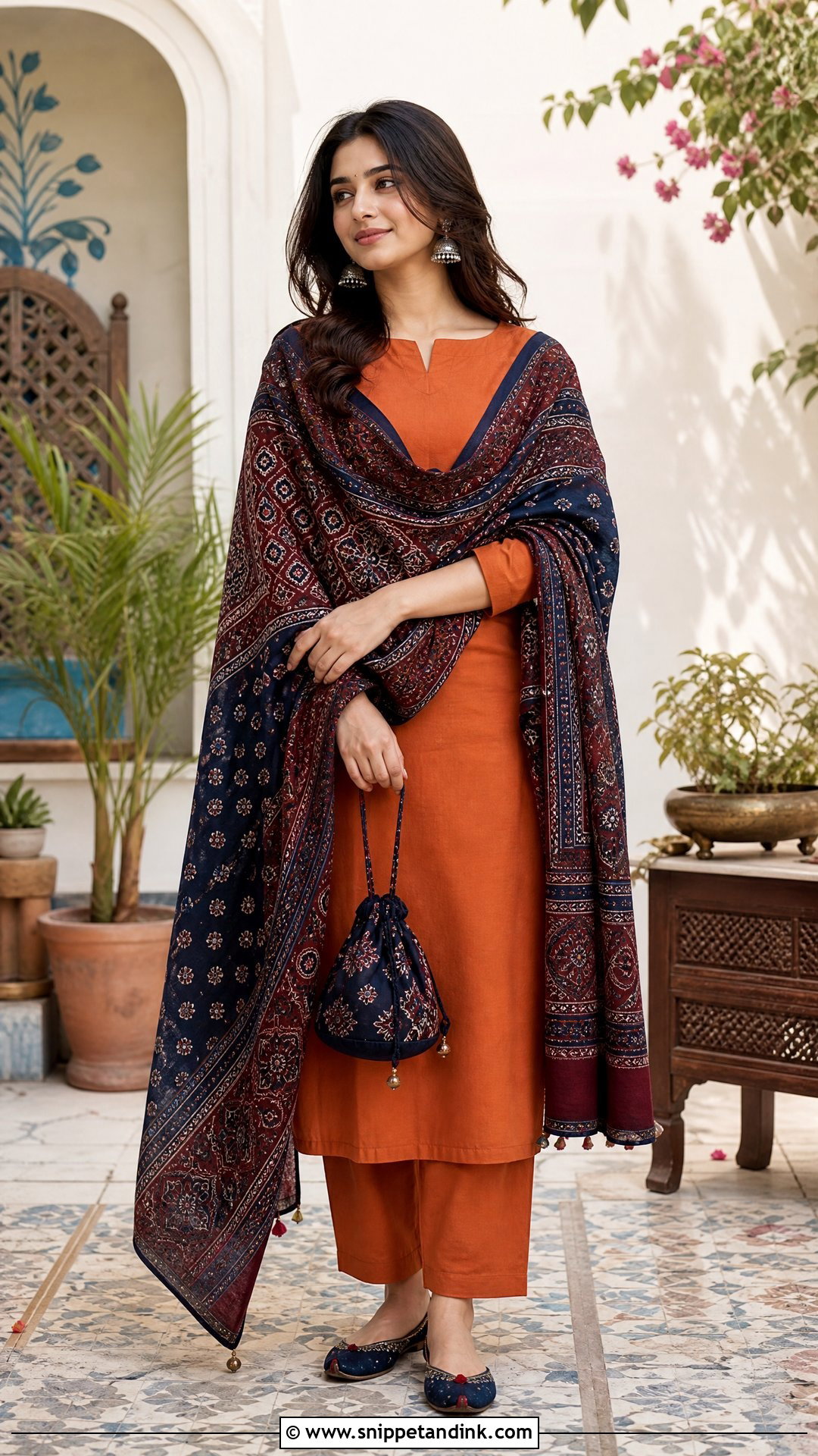 Orange Plain Suit With Ajrakh Dupatta - Snippet and Ink - 20 Plane Suit with Heavy Dupatta Ideas