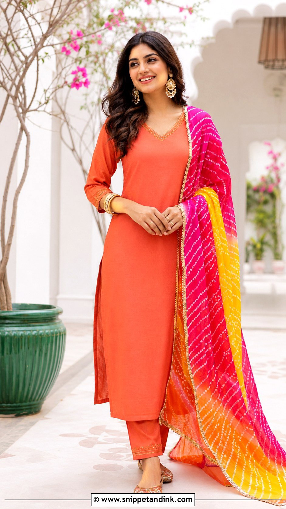 Orange Plain Suit With Heavy Leheriya Dupatta - Snippet and Ink - 30 Plain Suit with Heavy Dupatta Ideas