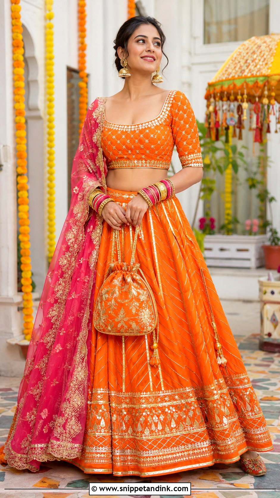 Orange Punjabi Wedding Lengha With Gota Patti Dupatta - Snippet and Ink - 25 Punjabi Wedding Lengha Ideas