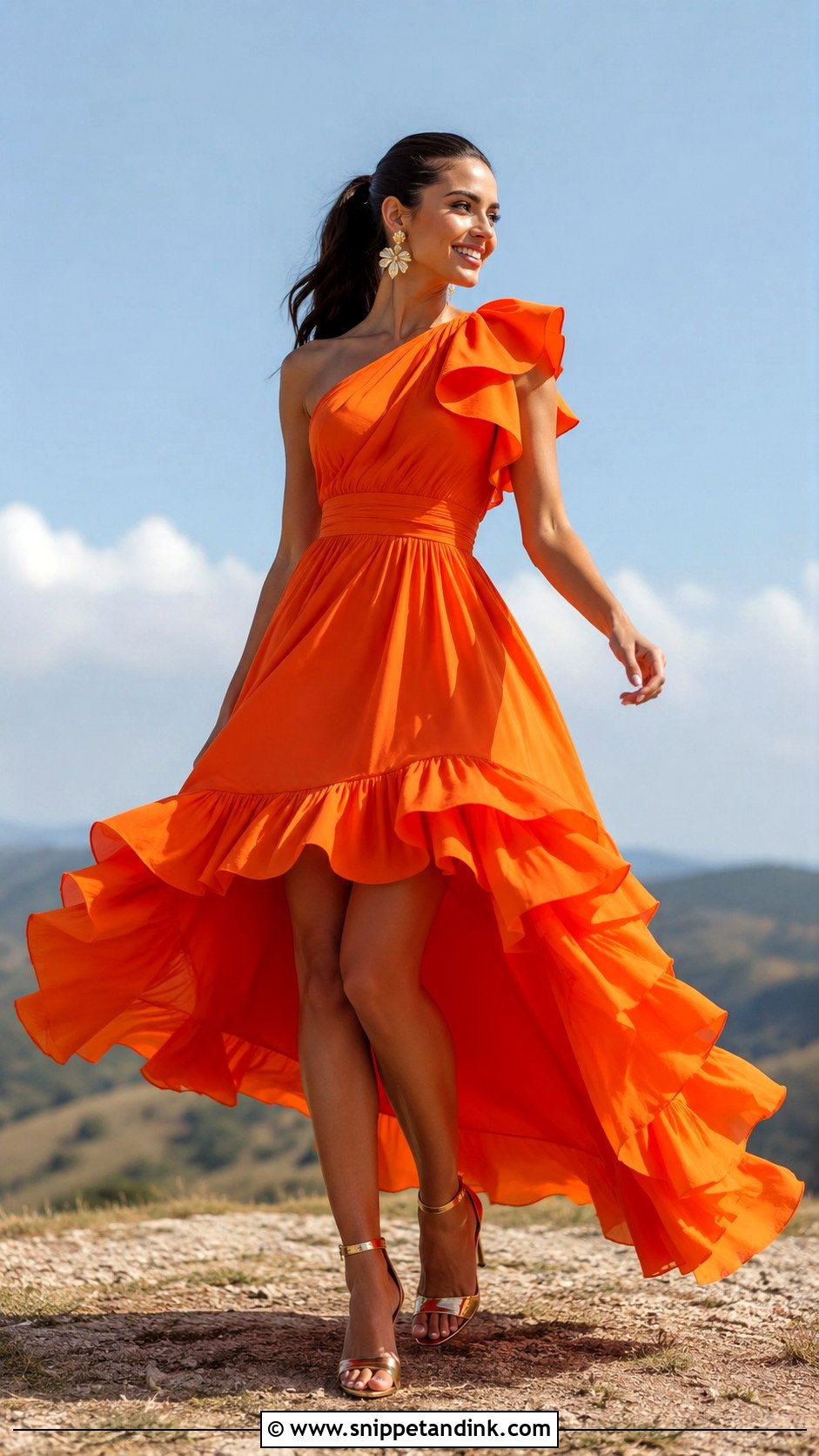 Orange Ruffle Gown Sunset Photoshoot - Snippet and Ink - 20 Gown Photoshoot Ideas