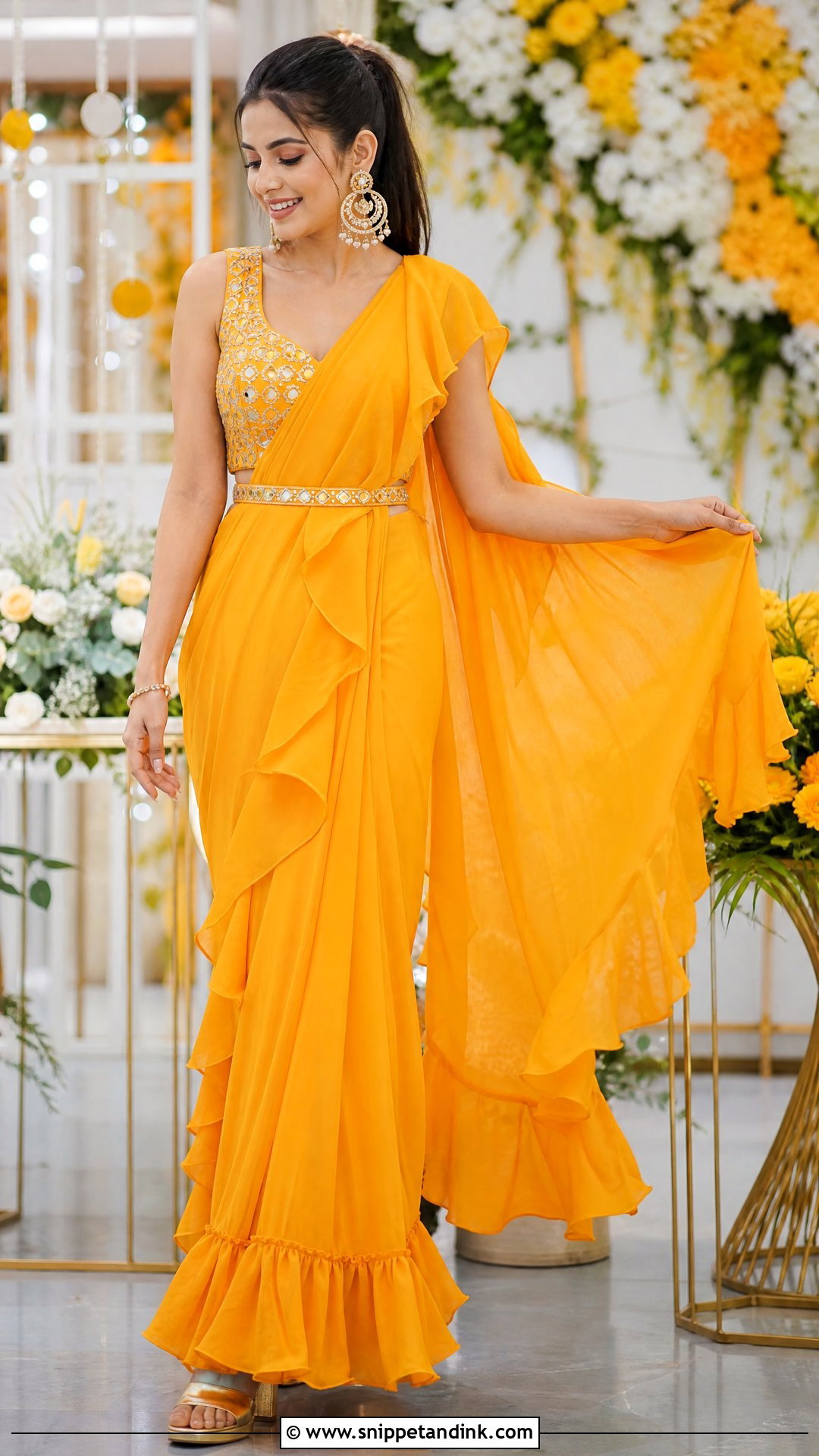 Orange Ruffle Saree With Embroidered Blouse - Snippet and Ink - 20 Orange Haldi Outfit for Bride Ideas