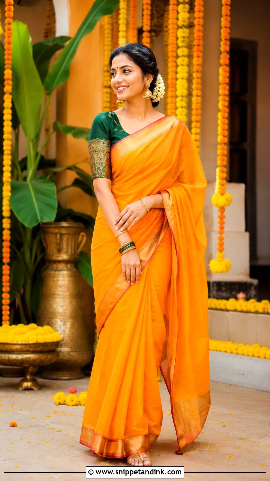 Orange Saree Haldi Outfit - Snippet and Ink - 25 South Indian Haldi Outfit Ideas