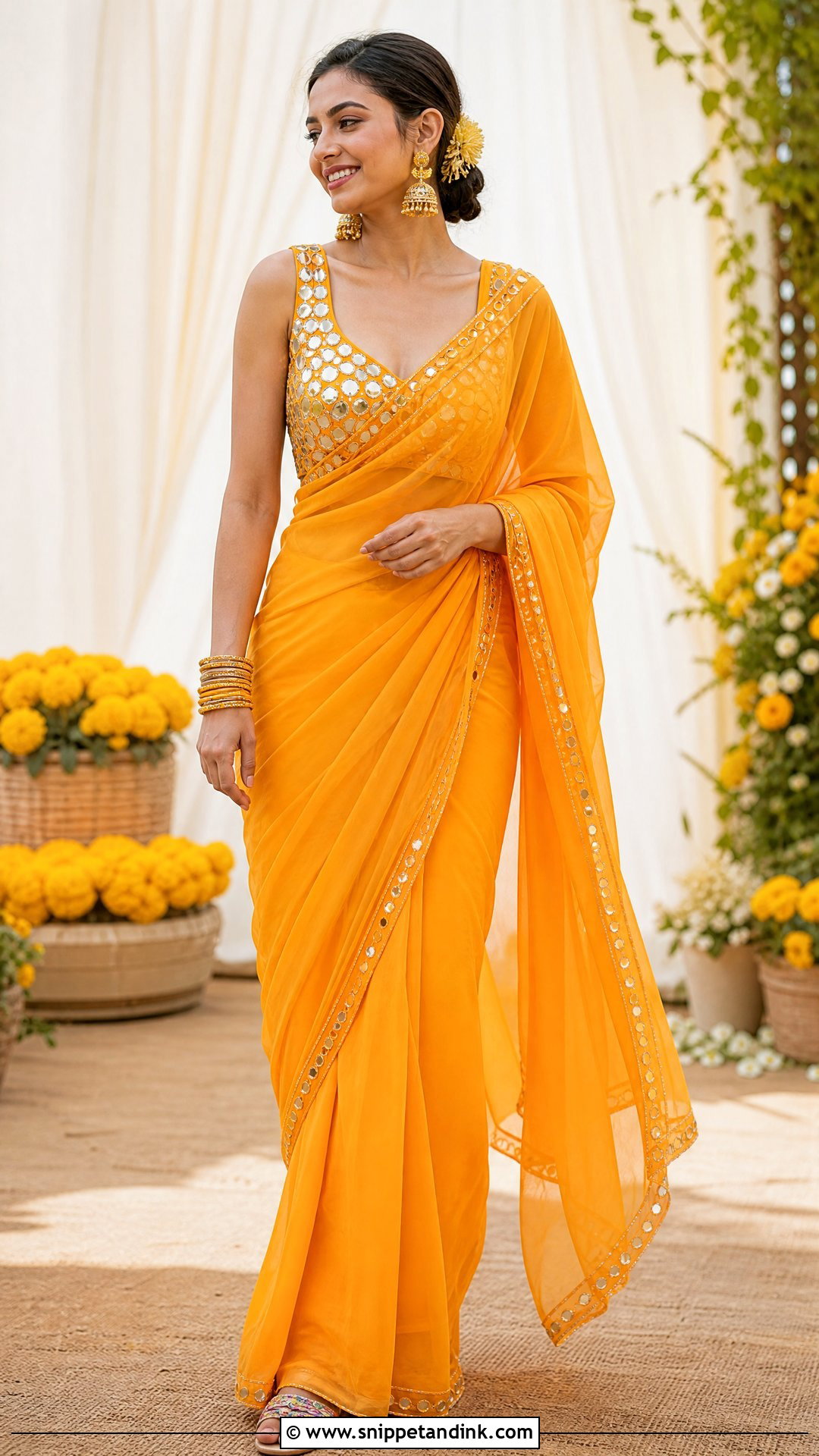Orange Saree With Sleeveless Blouse - Snippet and Ink - 20 Orange Haldi Outfit for Bride Ideas