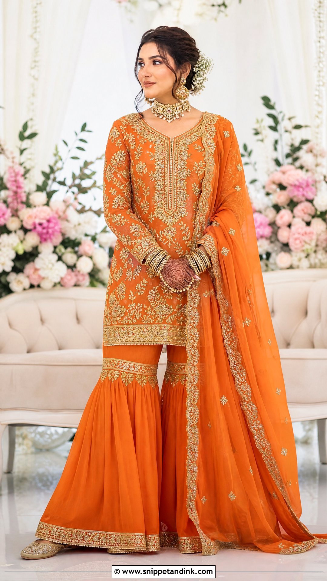 Orange Sharara Bridal Outfit With Embroidered Dupatta - Snippet and Ink - 20 Orange Bridal Dress Ideas