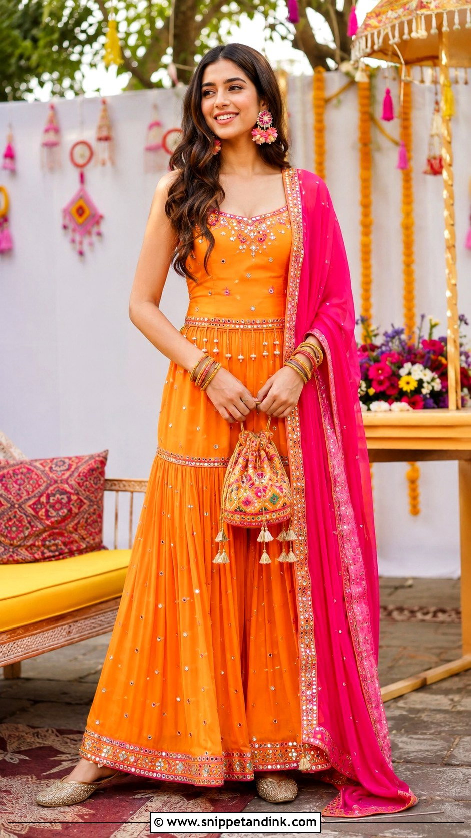 Orange Sharara With Mirror Embroidery - Snippet and Ink - 20 Pakistani Sharara Designs for Wedding