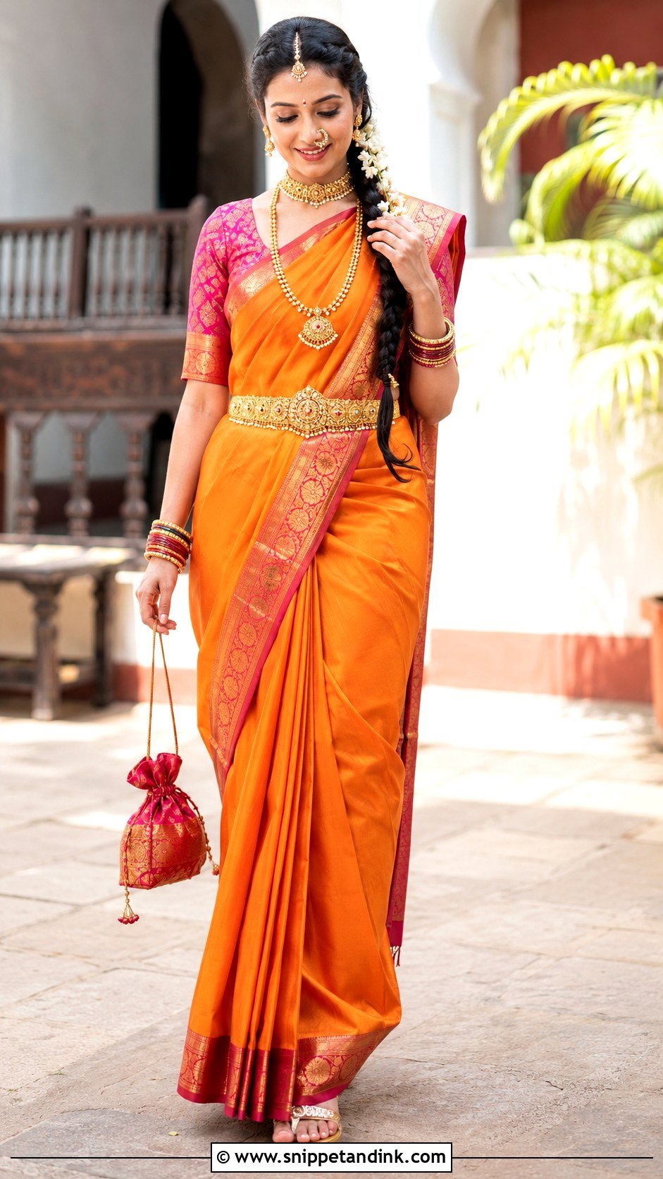 Orange Silk Konkani Bride Look - Snippet and Ink - 20 Konkani Bride Ideas