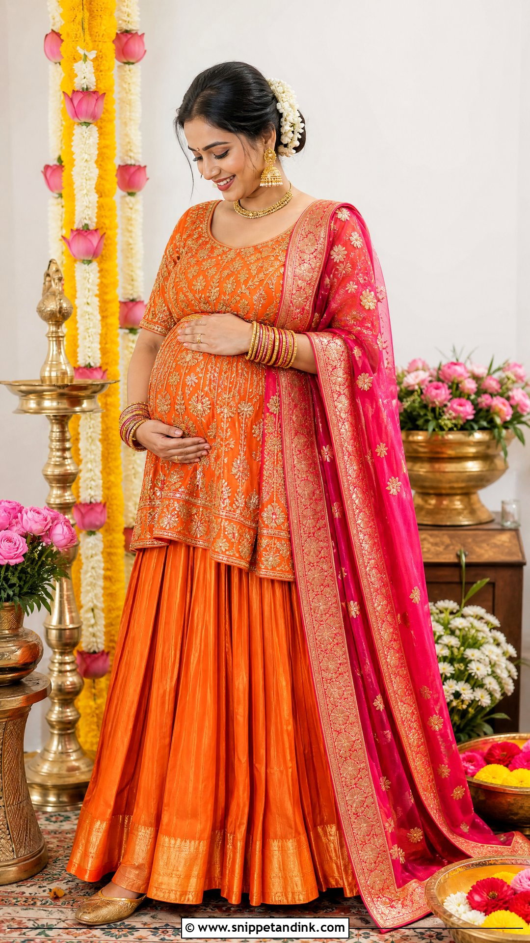 Orange Silk Lehenga Godbharai Look - Snippet and Ink - 25 Godbharai Look Ideas
