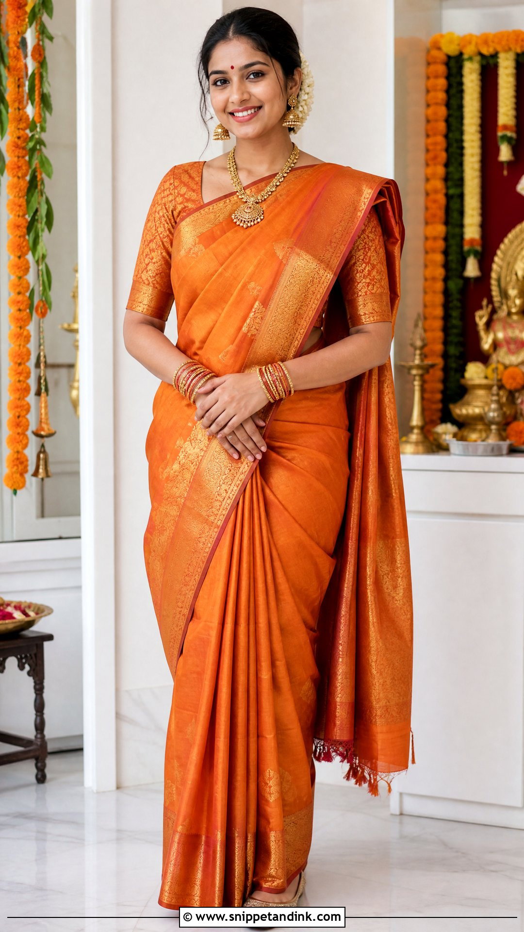 Orange Silk Saree Mata Poojan Look - Snippet and Ink - 20 Mata Poojan Look for Bride Ideas