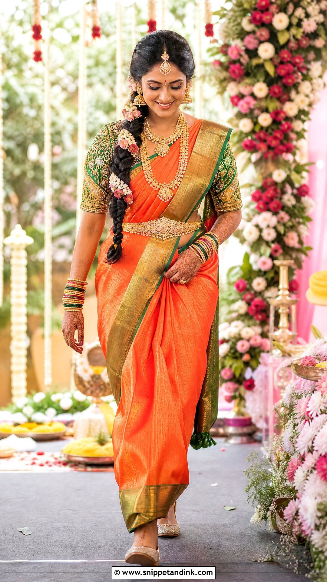 Orange Silk Saree Pellikuthuru Look - Snippet and Ink - 20 Pellikuthuru Look Ideas