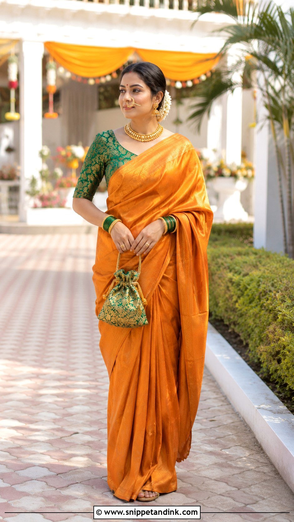 Orange Silk Saree With Green Blouse - Snippet and Ink - 20 Maharatrian Wedding Outfit Ideas