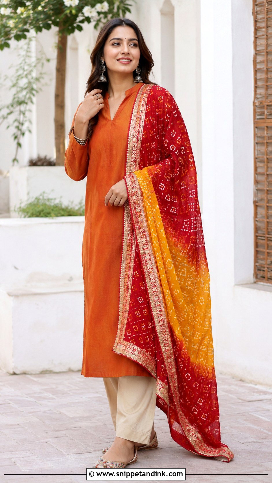 Orange Simple Suit With Bandhani Dupatta - Snippet and Ink - 30 Simple Suit with Heavy Dupatta Ideas