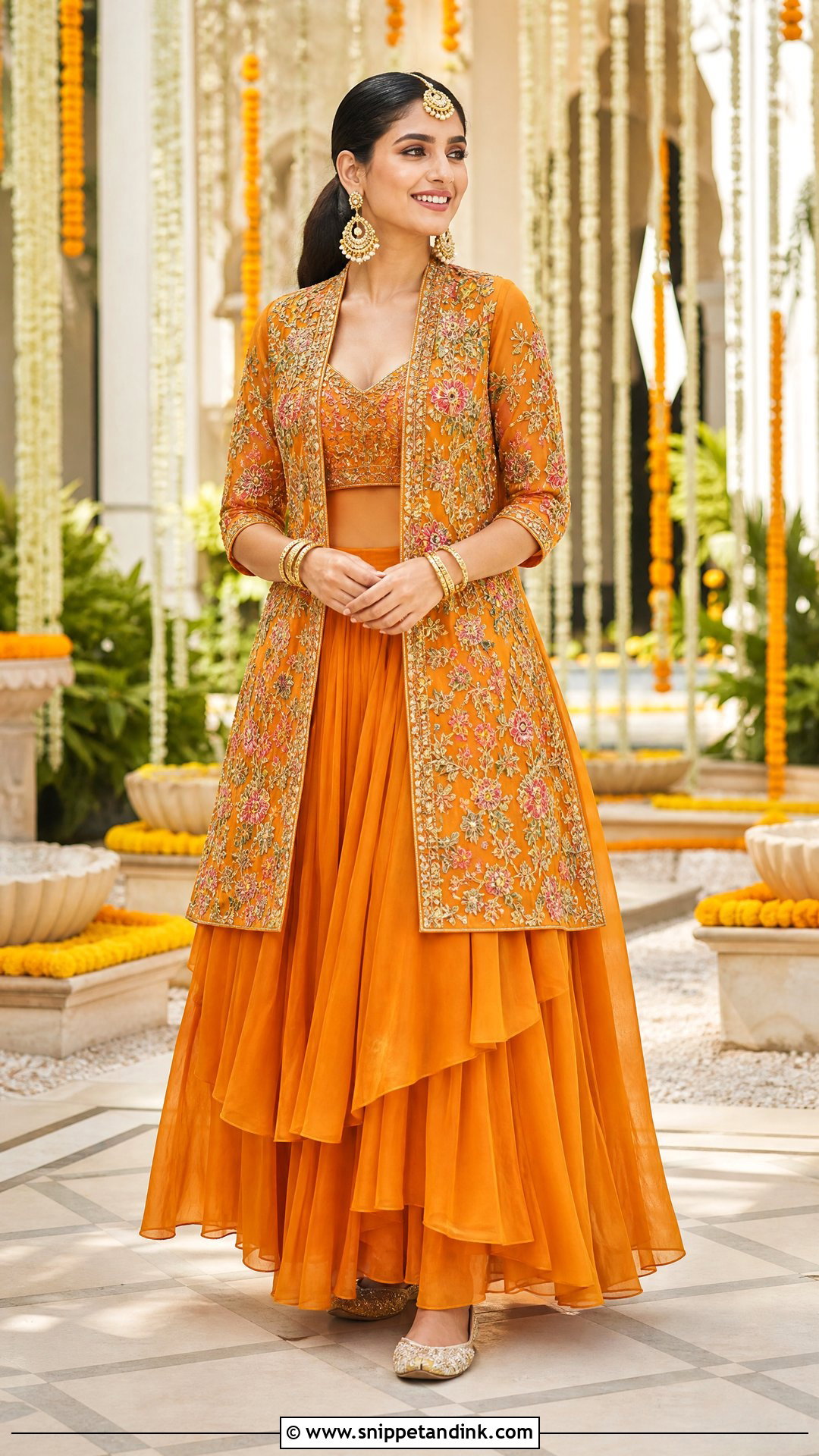 Orange Skirt And Blouse With Embroidered Jacket - Snippet and Ink - 20 Orange Haldi Outfit for Bride Ideas