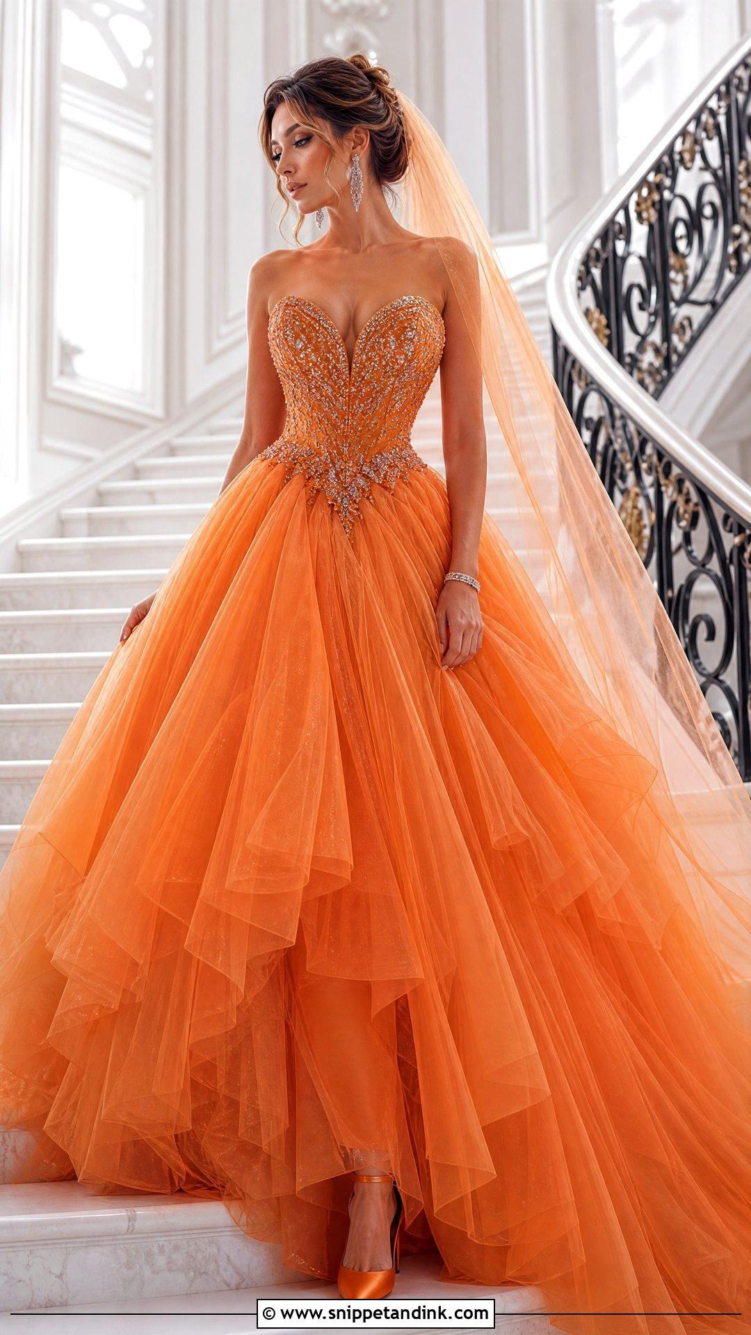 Orange Tulle Ball Gown With Crystal Jewelry - Snippet and Ink - 20 Orange Bridal Dress Ideas
