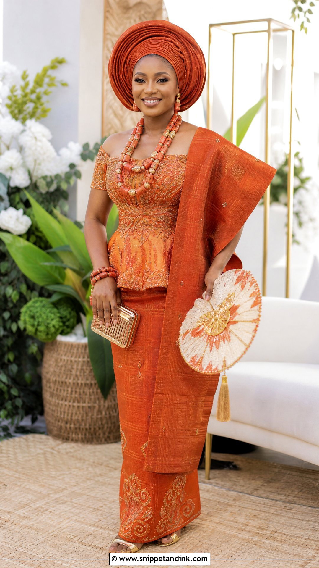 Orange Urhobo Bride Outfit - Snippet and Ink - 20 Urhobo Bride Ideas