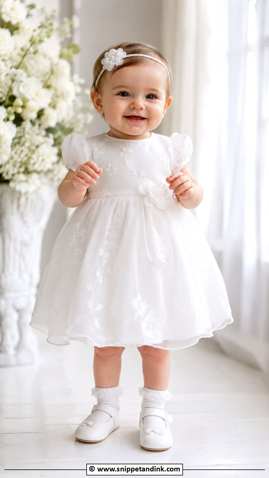 Organza Baptism Dress With Flower Headband - Snippet and Ink - 25 Baby Girl Baptism Dress Ideas