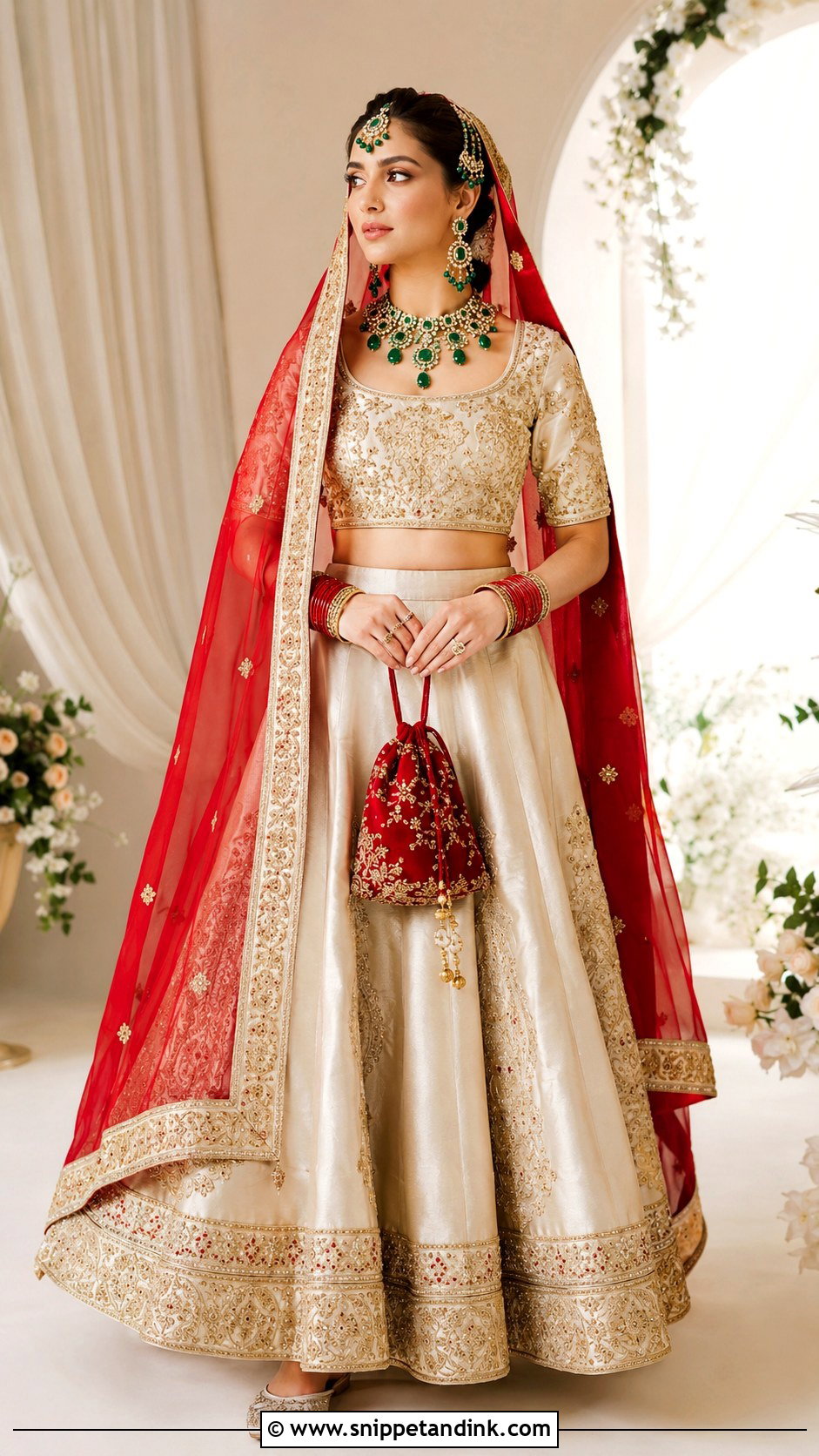 Organza Bridal Chunri Dupatta With Ivory Lehenga - Snippet and Ink - 20 Bridal Chunri Dupatta Ideas