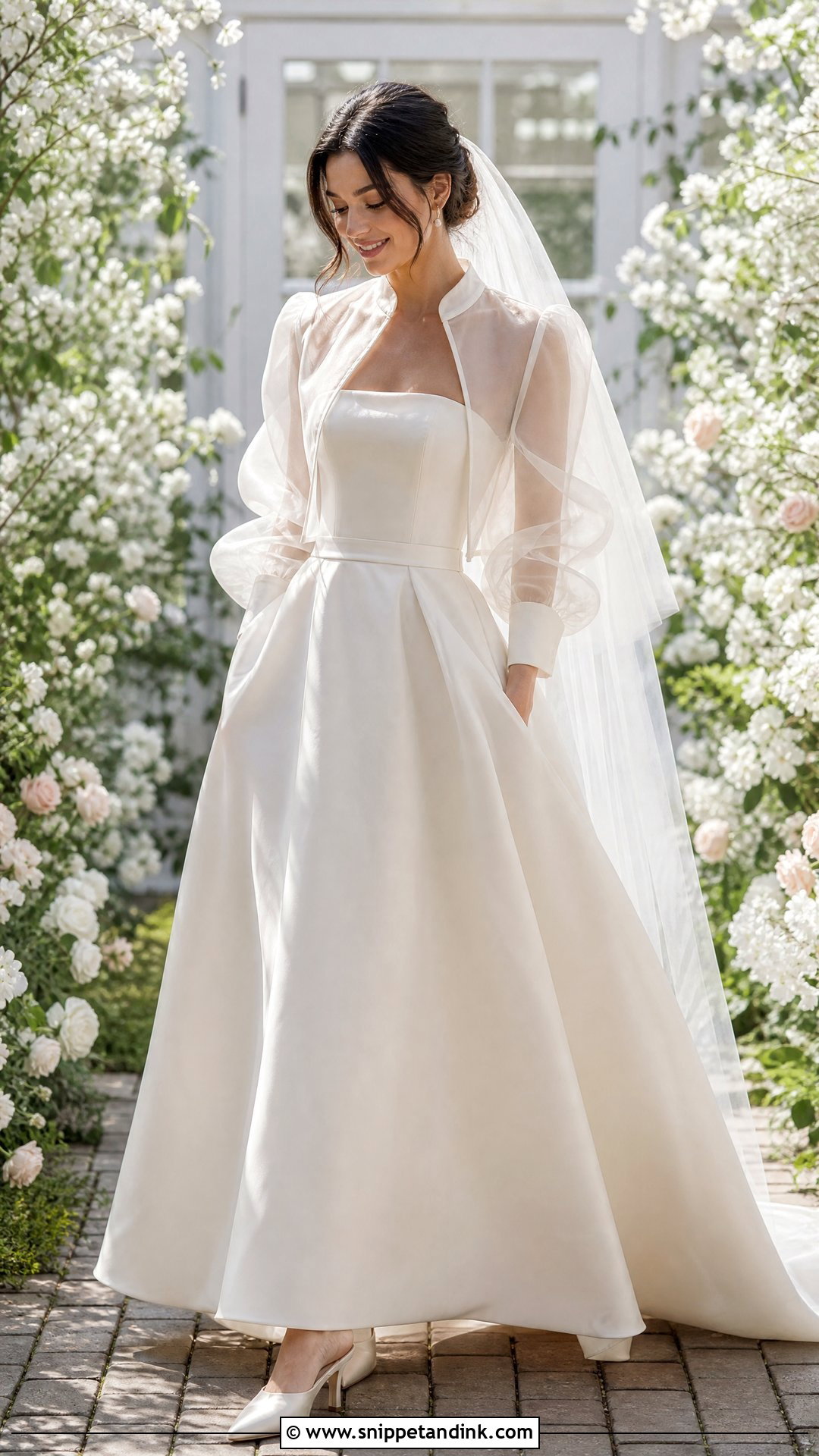 Organza Bridal Jacket With Strapless Dress - Snippet and Ink - 25 Bridal Jacket Ideas