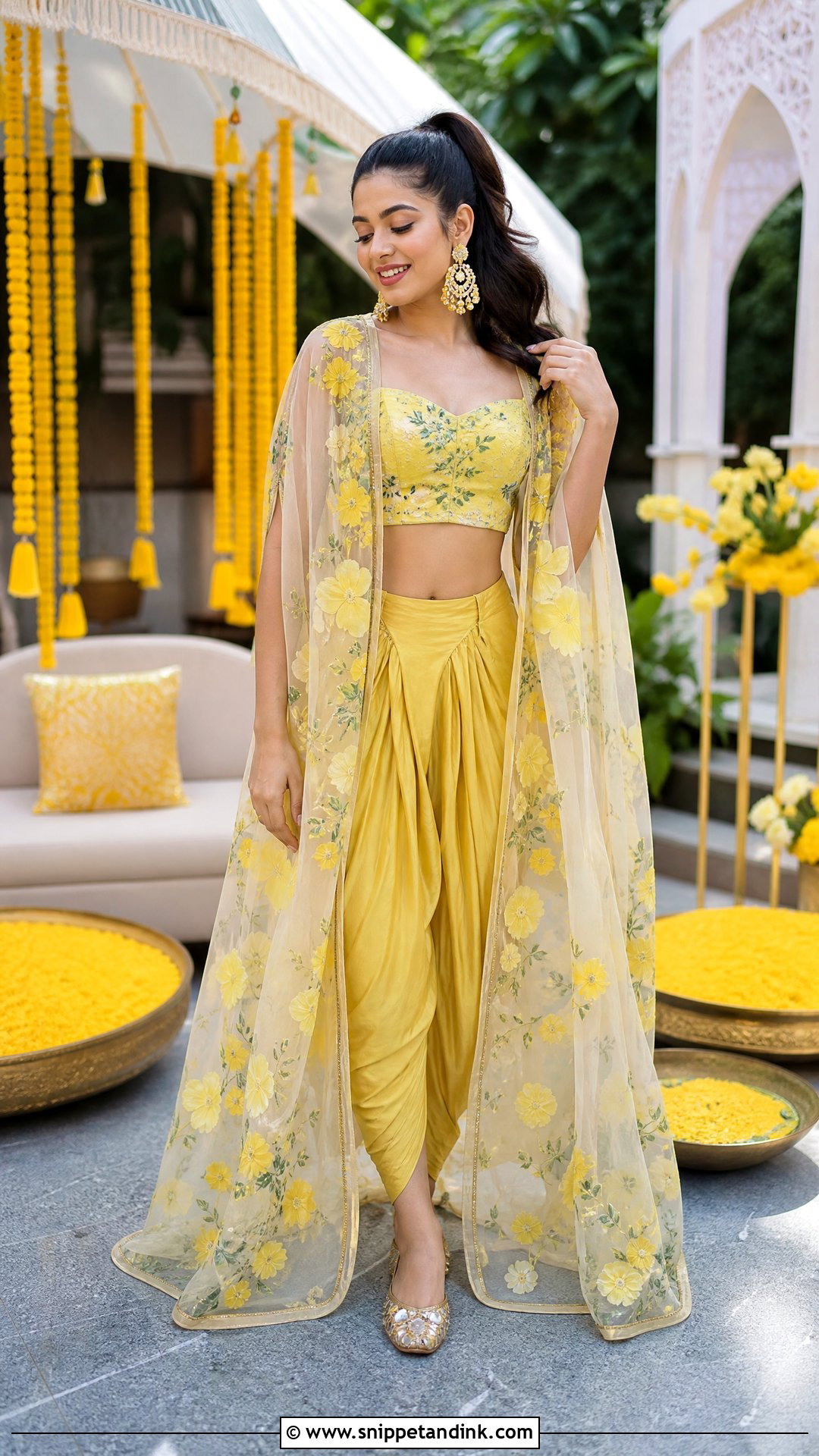 Organza Cape Dhoti Haldi Outfit - Snippet and Ink - 20 Organza Haldi Outfit Ideas