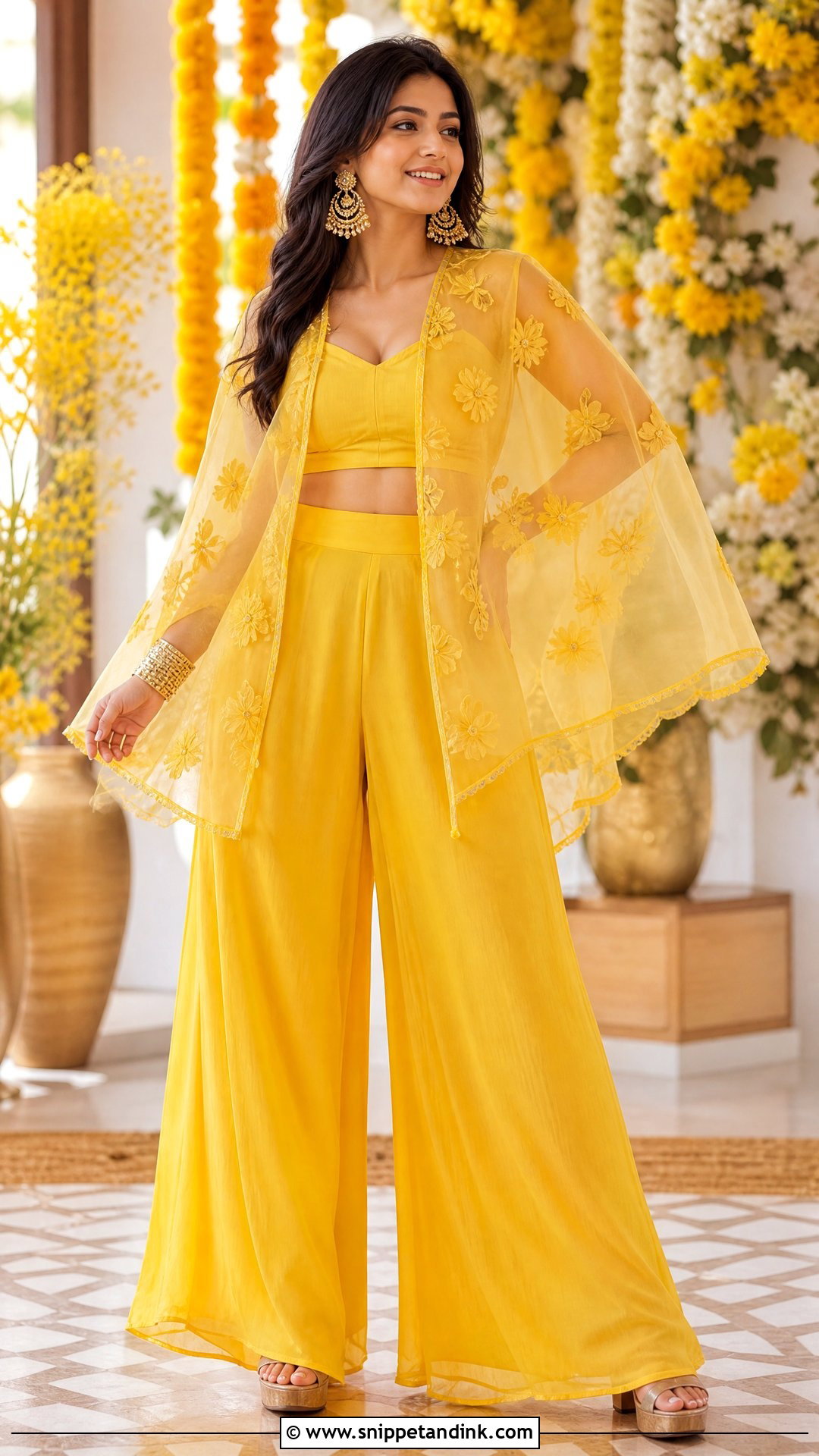 Organza Cape Palazzo Haldi Outfit - Snippet and Ink - 20 Organza Haldi Outfit Ideas