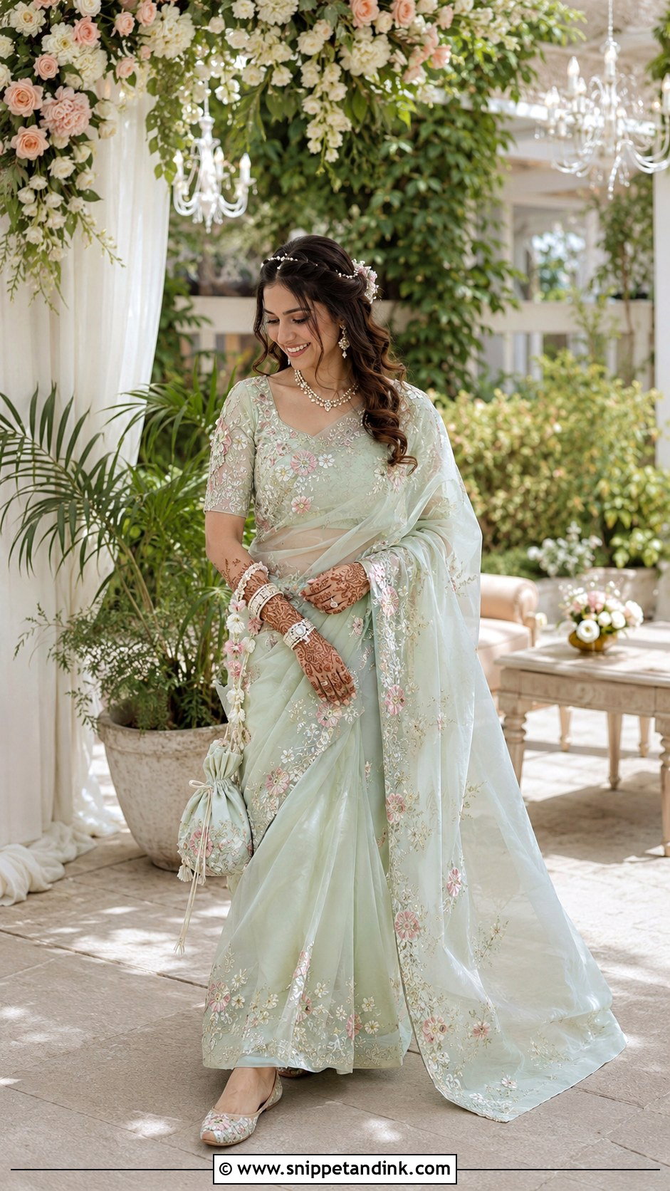 Organza Mehndi Saree Outfit - Snippet and Ink - 30 Mehndi Outfit for Bride Ideas
