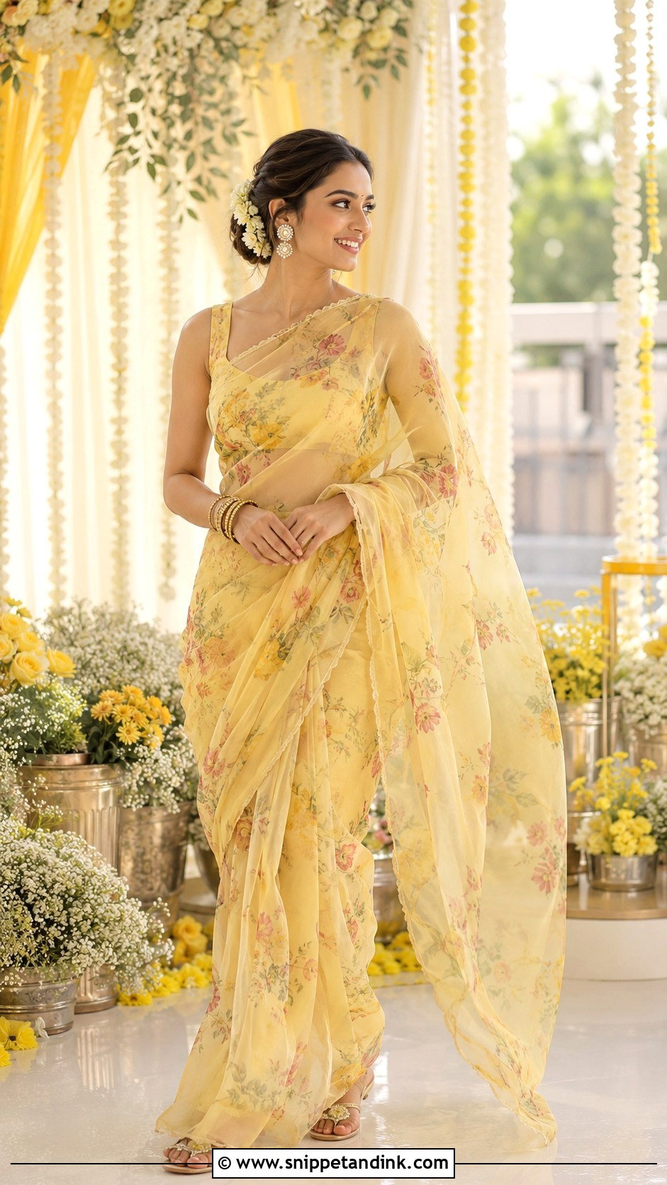 Organza Saree For Haldi - Snippet and Ink - 25 Haldi Ka Dress Ideas