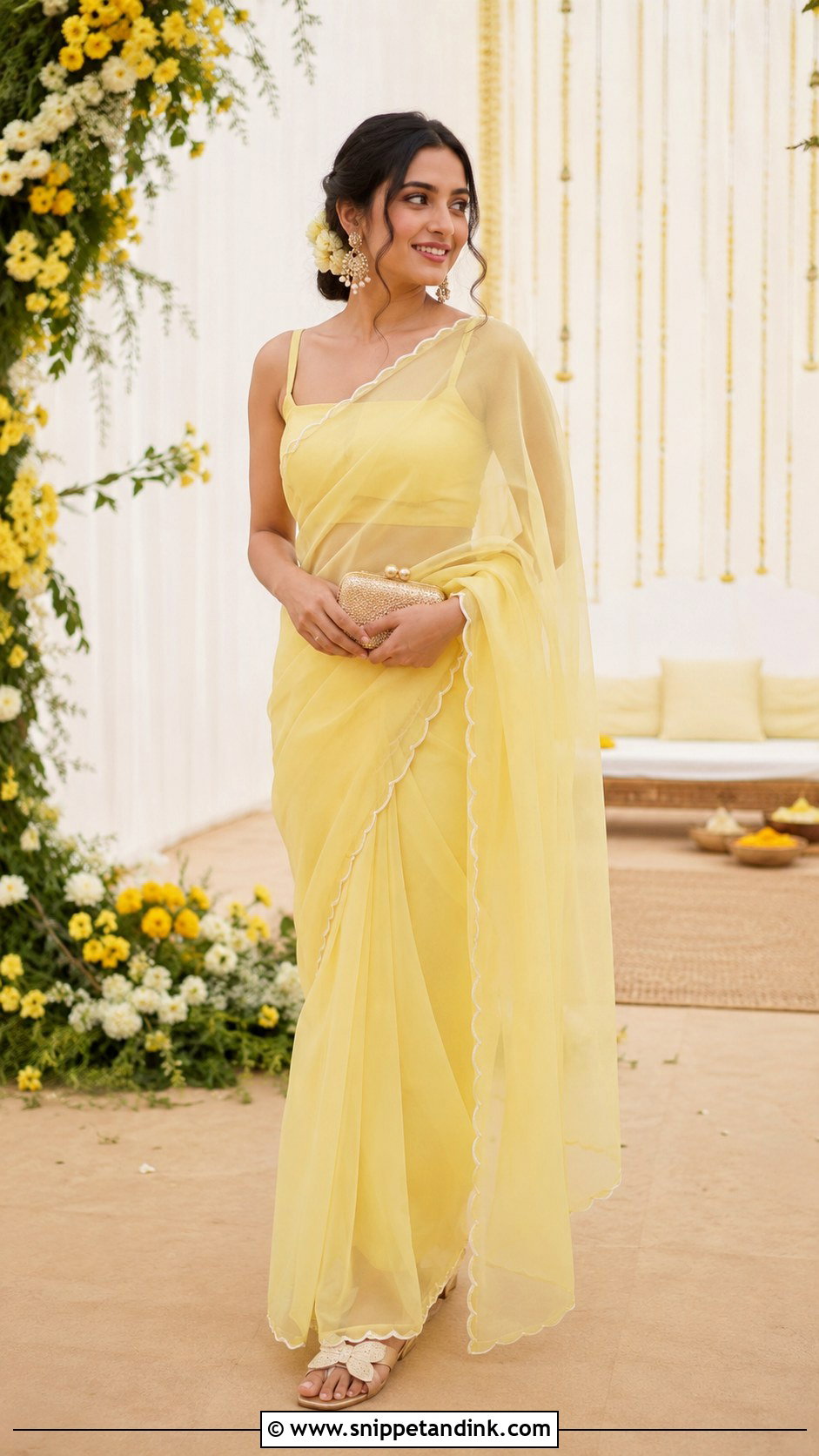 Organza Saree Haldi Outfit - Snippet and Ink - 25 Wedding Haldi Outfit Ideas
