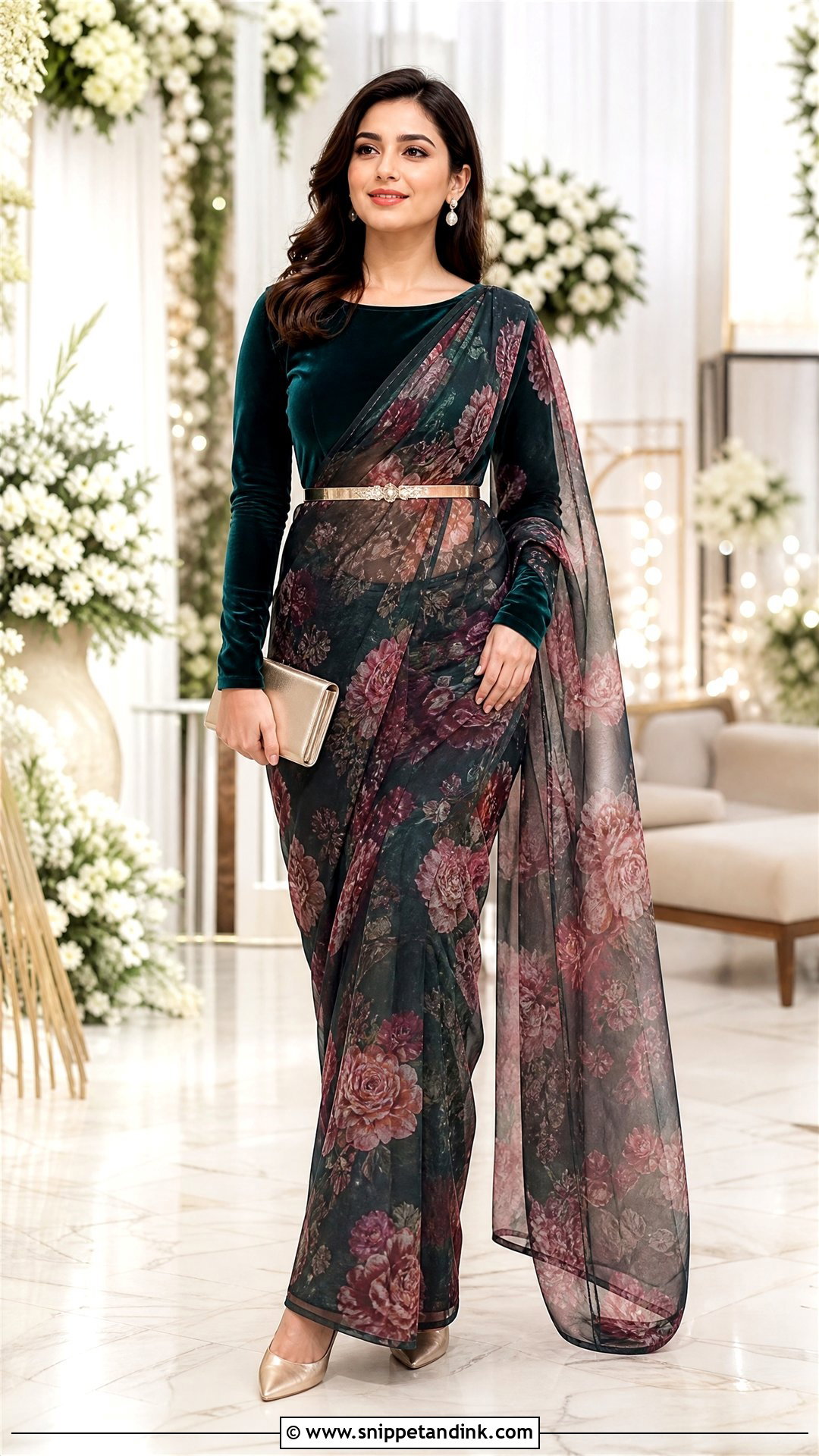 Organza Saree With Velvet Blouse Winter Marriage Outfit - Snippet and Ink - 20 Winter Marriage Outfit for Women Ideas