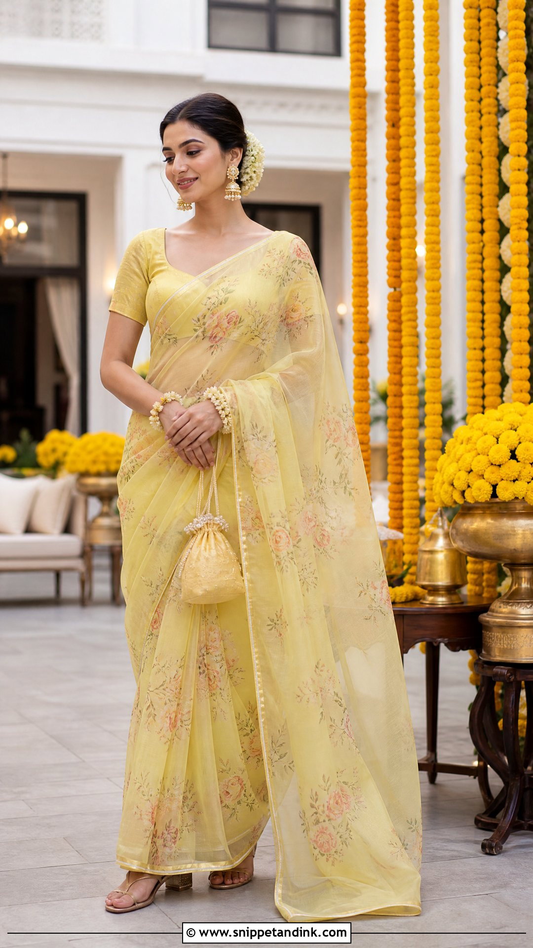 Organza Saree for Haldi Ceremony - Snippet and Ink - 20 Haldi Ceremony Outfit for Sister Ideas