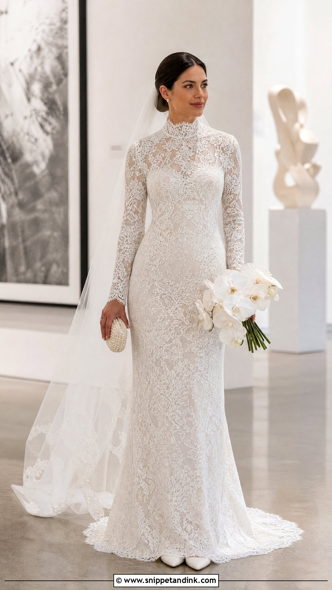 Oscar De La Renta High Neck Lace Column Dress - Snippet and Ink - 20 Oscar Dela Renta Wedding Dress Ideas