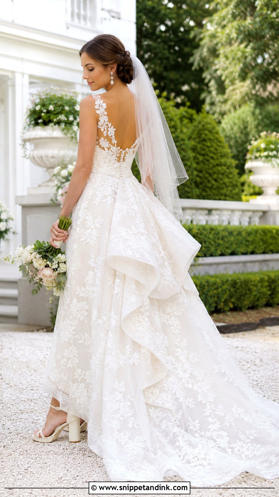 Over Bustle Floral Lace A Line Dress - Snippet and Ink - 20 Bustled Wedding Dress Ideas