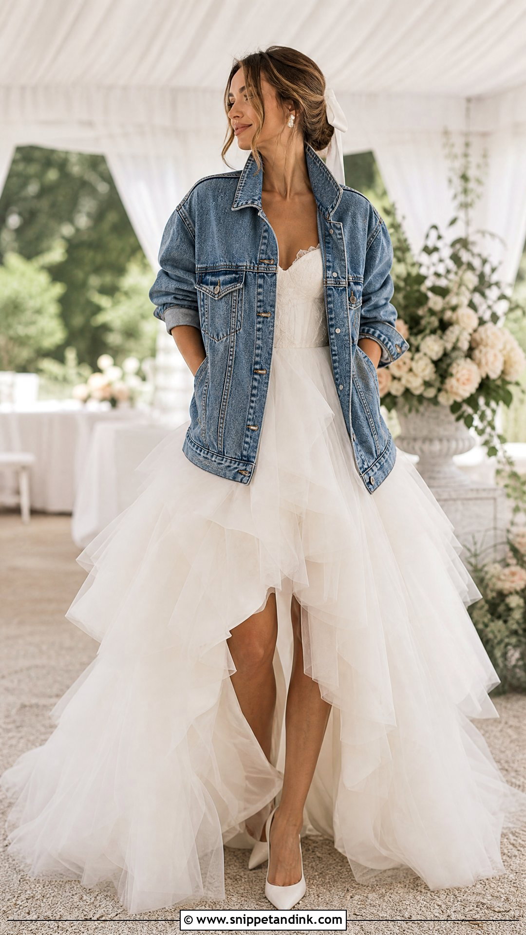Oversized Bride Denim Jacket With Tulle Wedding Dress - Snippet and Ink - 20 Bride Denim Jacket Ideas