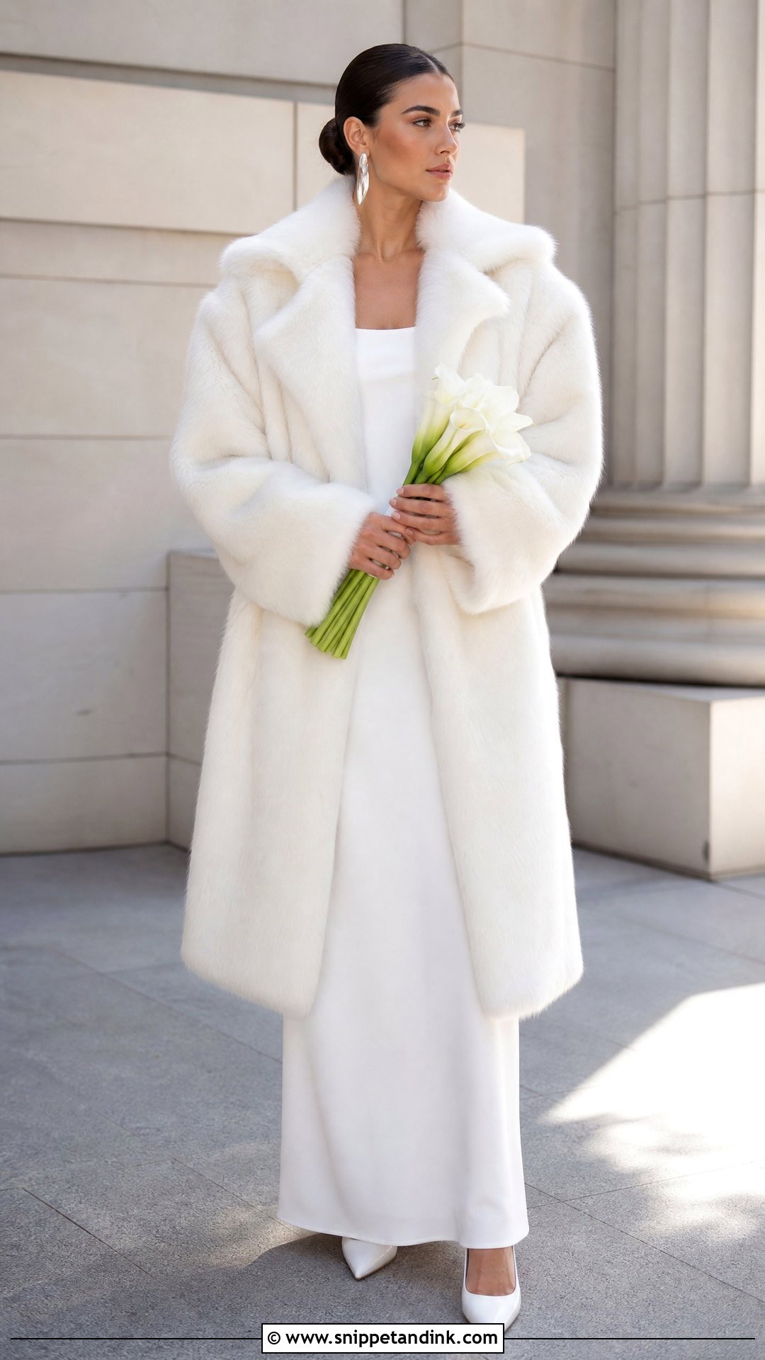Oversized White Fur Coat With Minimalist Wedding Gown - Snippet and Ink - 20 Wedding Fur Coat Ideas